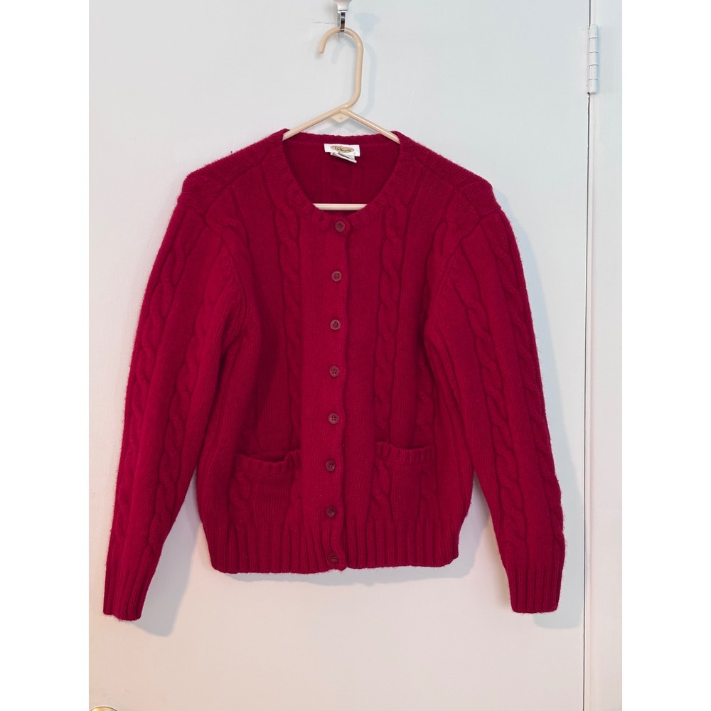 Talbots Womens Red 100% Shetland Wool Cable Knit Cardigan Sweater Large Pockets